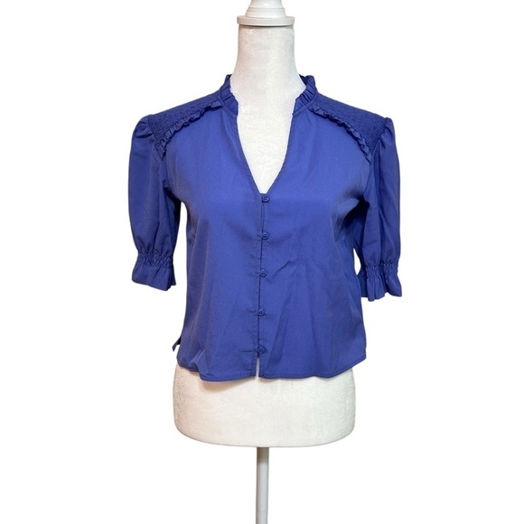 French Connection Puff Sleeve Crepe Button-Up Top Preppy Blouse Size 2 Baja Blue - Picture 1 of 6